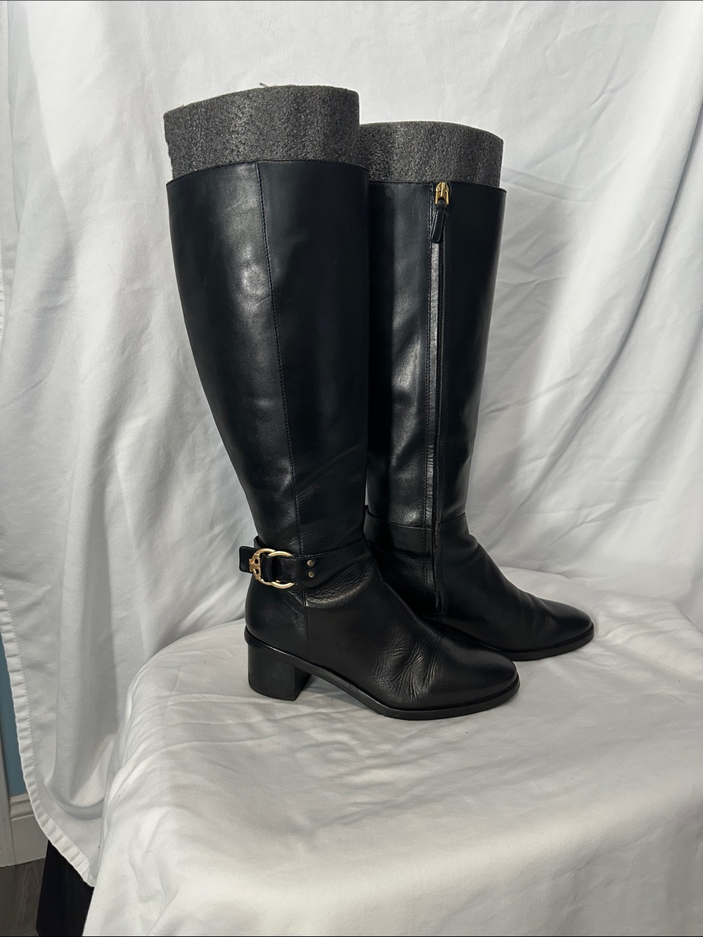 Tory Burch Black Leather Knee-High Riding Boots with Gold Buckle